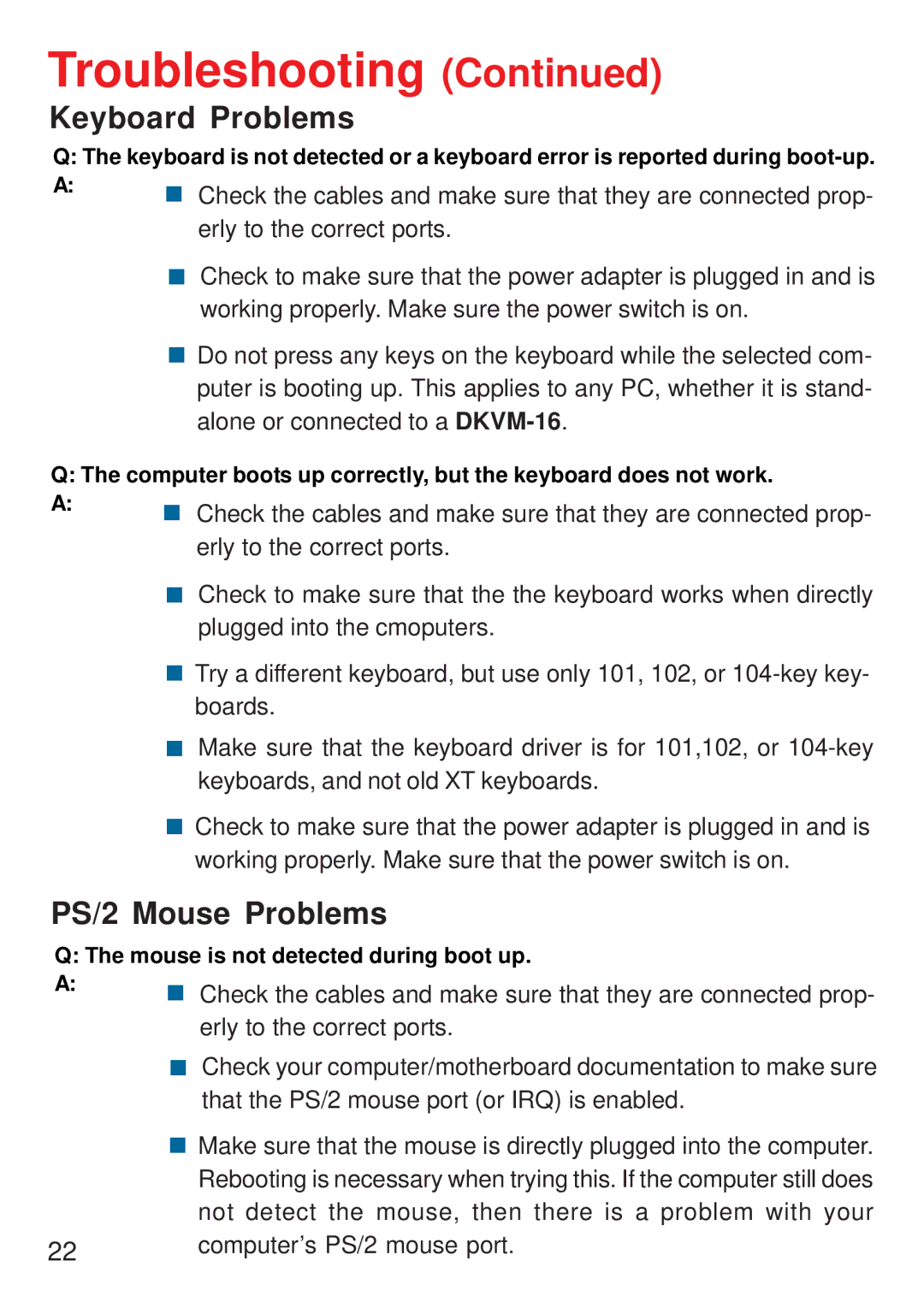 D-Link D-Link DKVM-16 manual PS/2 Mouse Problems 