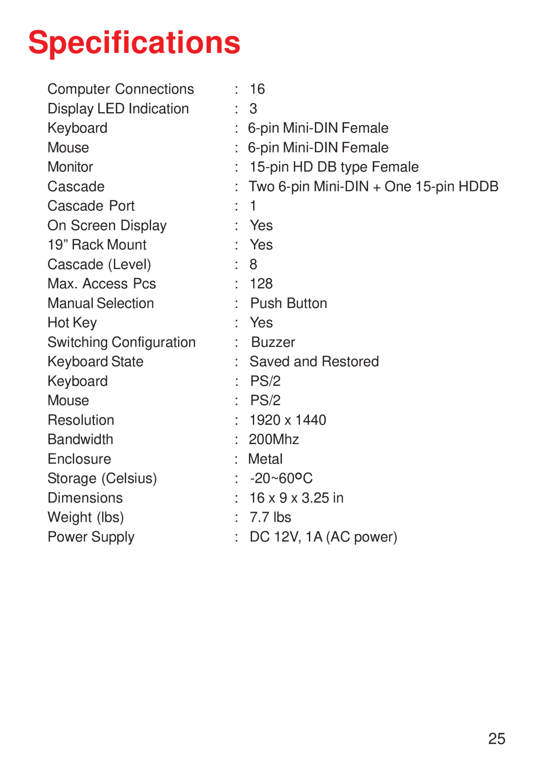 D-Link D-Link DKVM-16 manual Specifications 