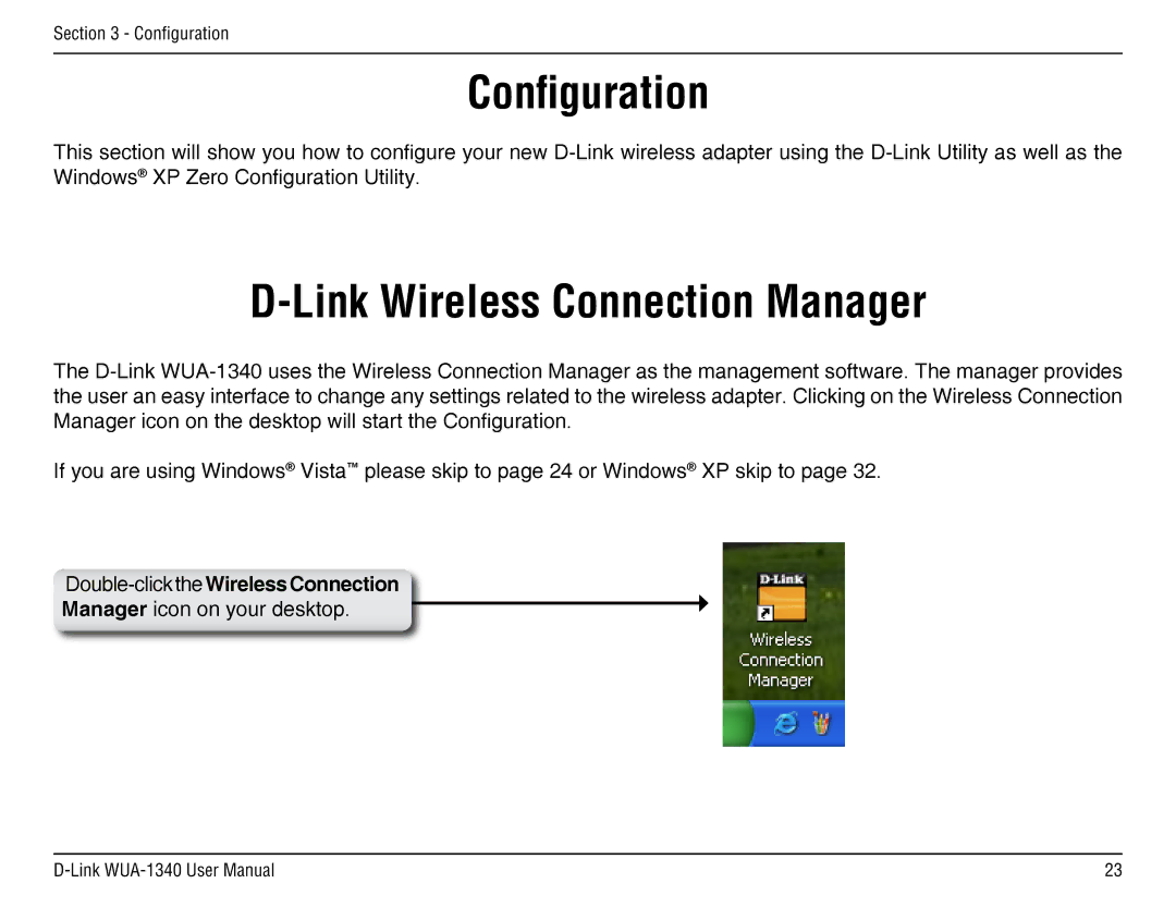 D-Link d-link wireless manual Configuration, Link Wireless Connection Manager, Double-click theWirelessConnection 