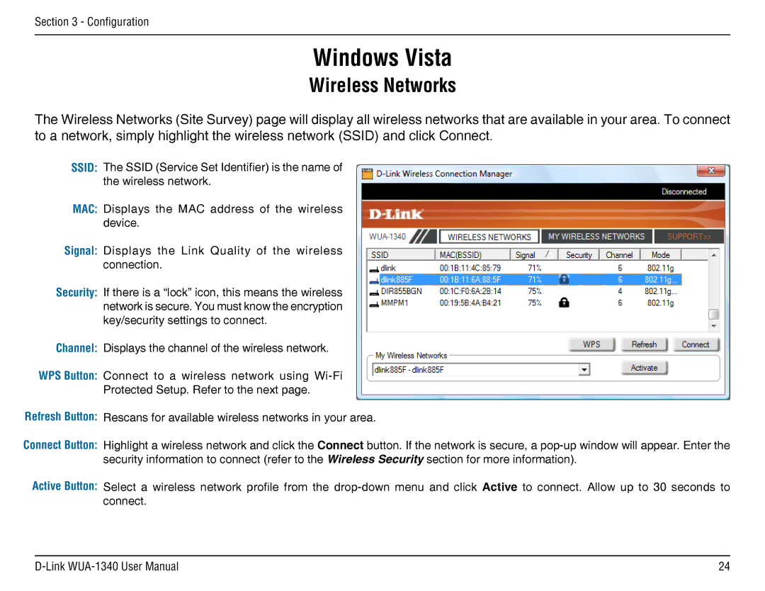 D-Link d-link wireless manual Windows Vista, Wireless Networks 