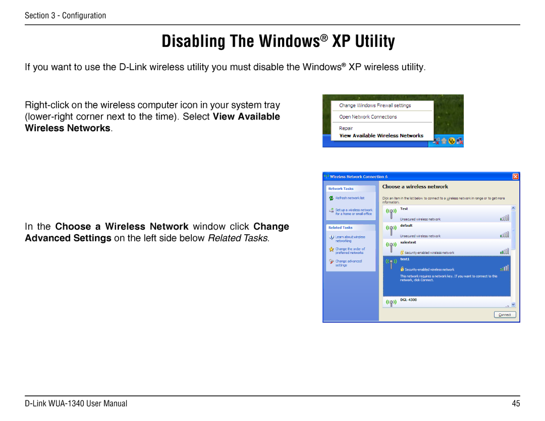 D-Link d-link wireless manual Disabling The Windows XP Utility, Choose a Wireless Network window click Change 