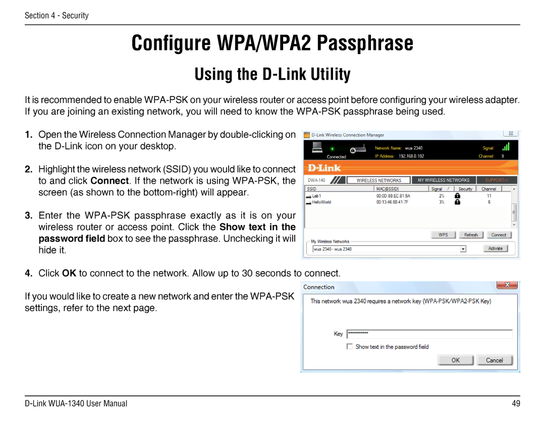 D-Link d-link wireless manual Configure WPA/WPA2 Passphrase, Using the D-Link Utility 