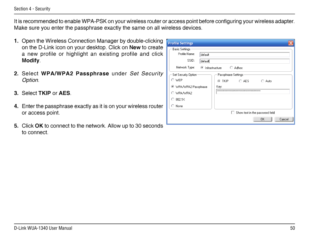 D-Link d-link wireless manual Modify Select WPA/WPA2 Passphrase under Set Security Option 