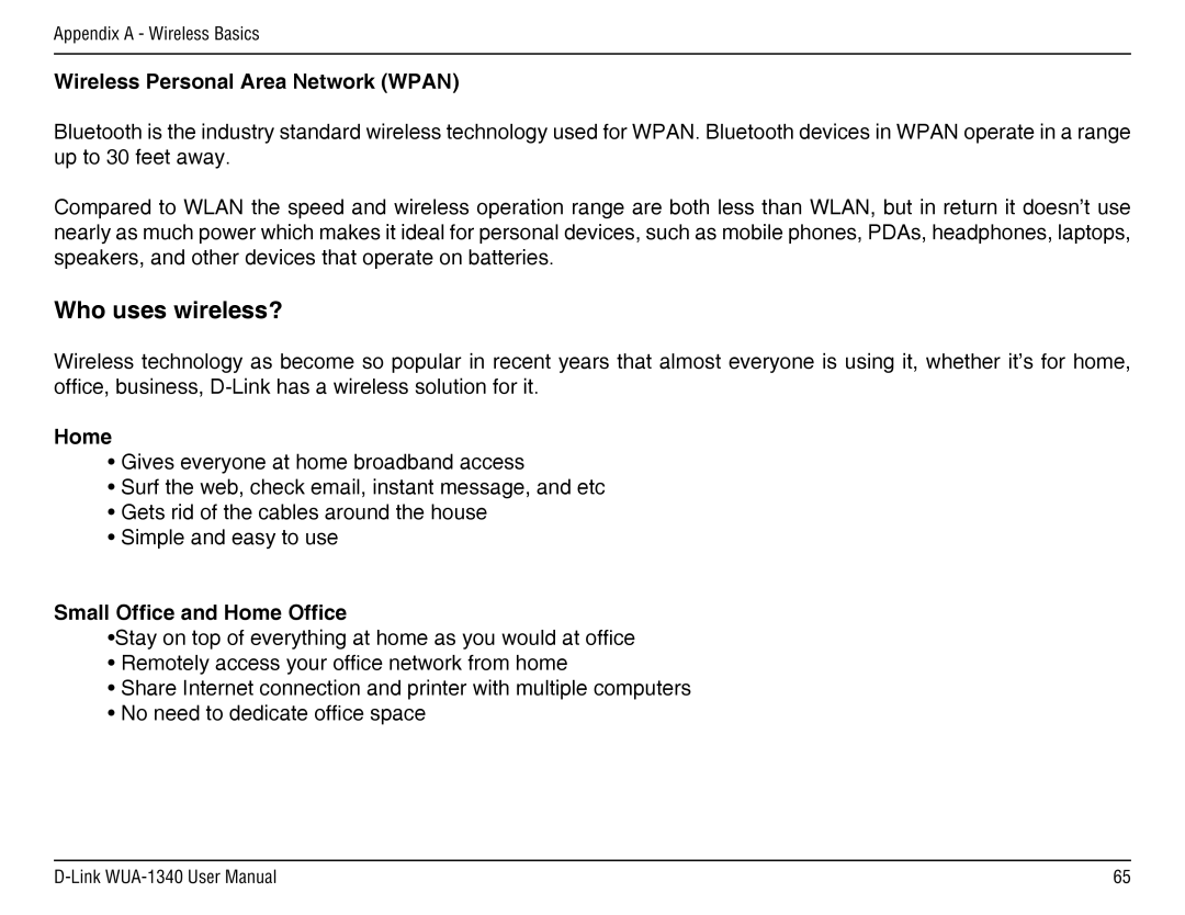 D-Link d-link wireless manual Wireless Personal Area Network Wpan, Small Office and Home Office 