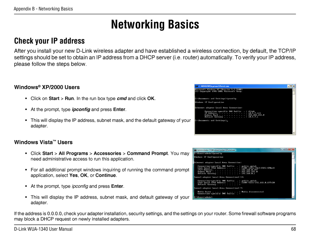 D-Link d-link wireless manual Networking Basics, Check your IP address, Windows XP/2000 Users, Windows Vista Users 