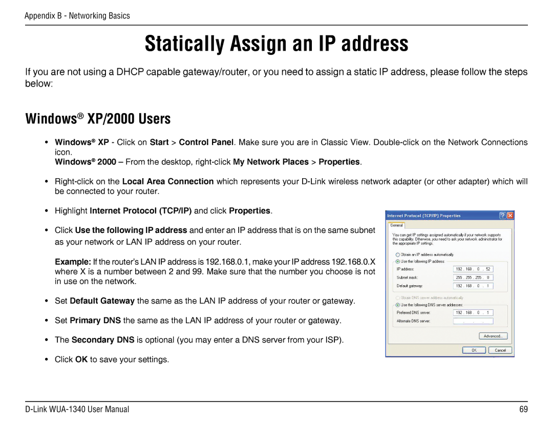 D-Link d-link wireless manual Statically Assign an IP address, Windows XP/2000 Users 