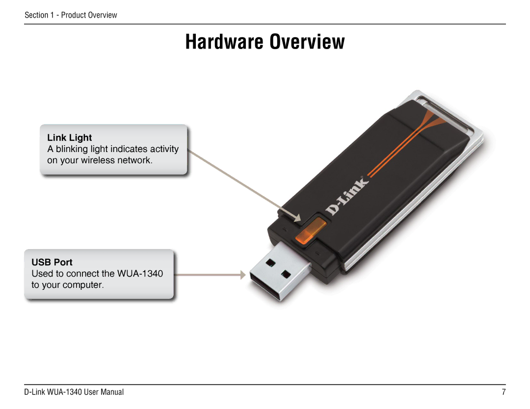 D-Link d-link wireless manual Hardware Overview, Link Light, USB Port 