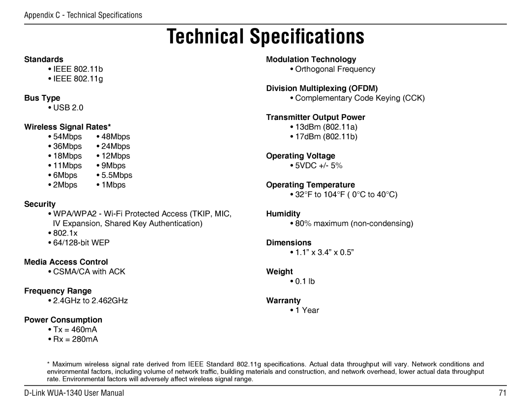 D-Link d-link wireless manual Technical Specifications, Humidity 