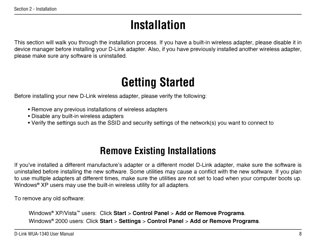 D-Link d-link wireless manual Getting Started, Remove Existing Installations 