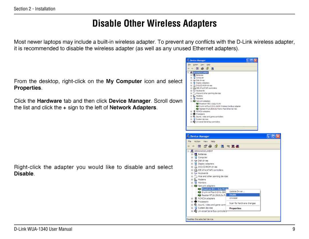 D-Link d-link wireless manual Disable Other Wireless Adapters, Properties 