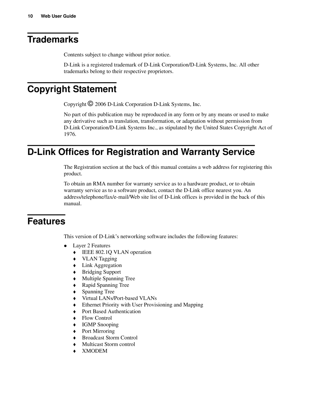 D-Link d-link manual Trademarks, Copyright Statement, Link Offices for Registration and Warranty Service, Features 