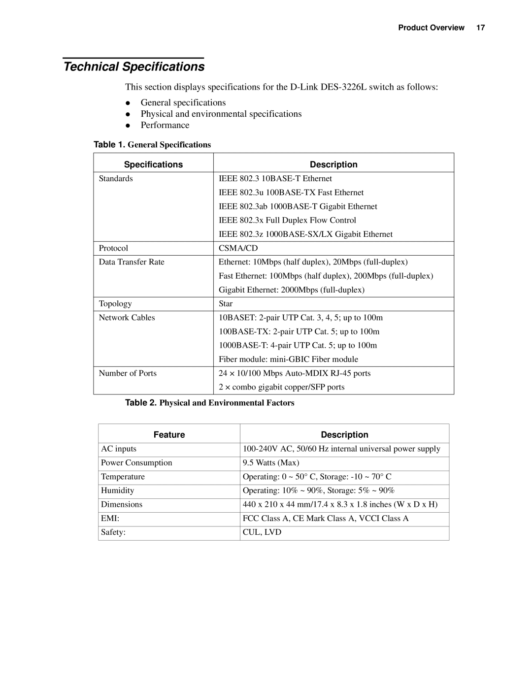 D-Link d-link manual Technical Specifications, Specifications Description 