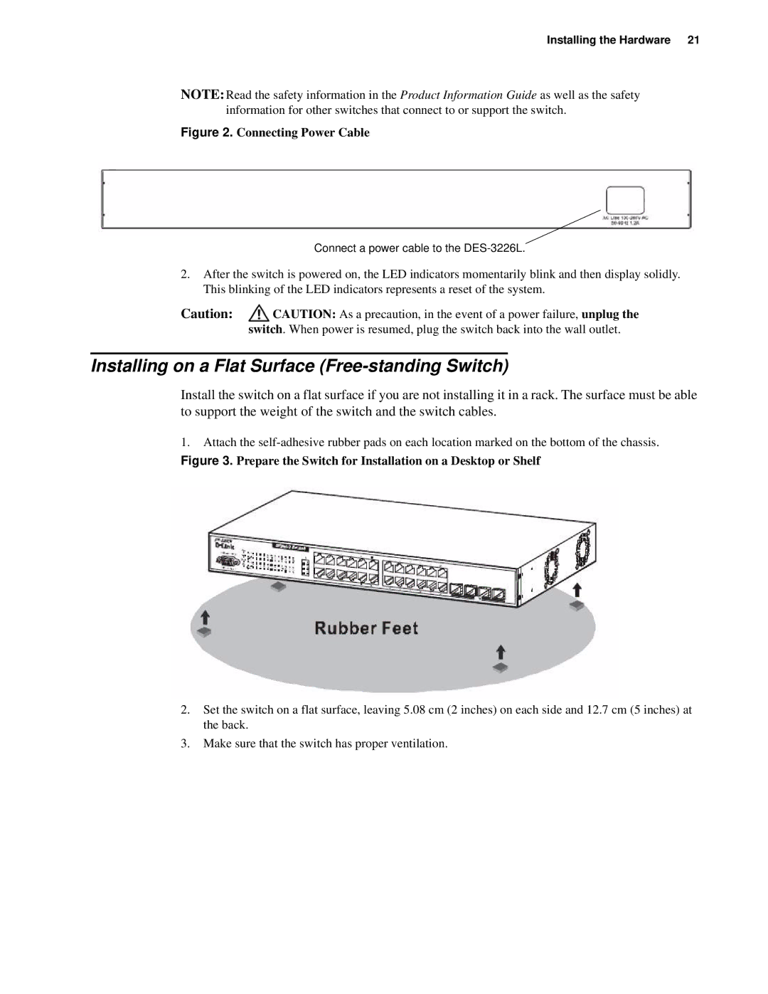 D-Link d-link manual Installing on a Flat Surface Free-standing Switch, Connecting Power Cable 