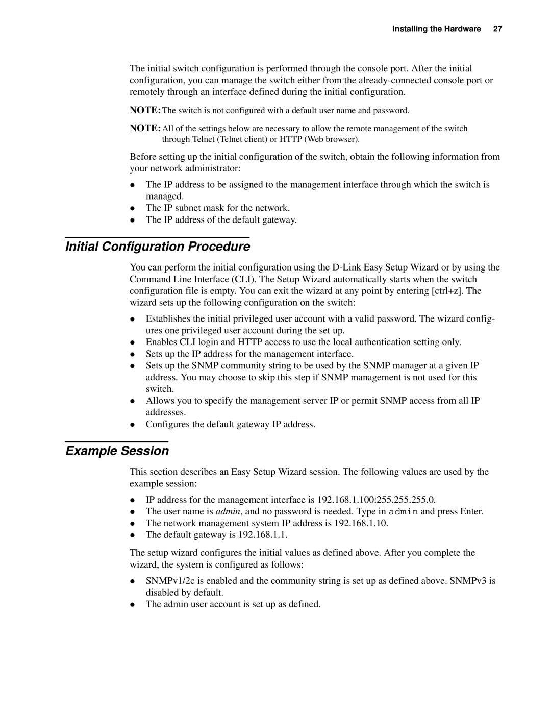 D-Link d-link manual Initial Configuration Procedure, Example Session 