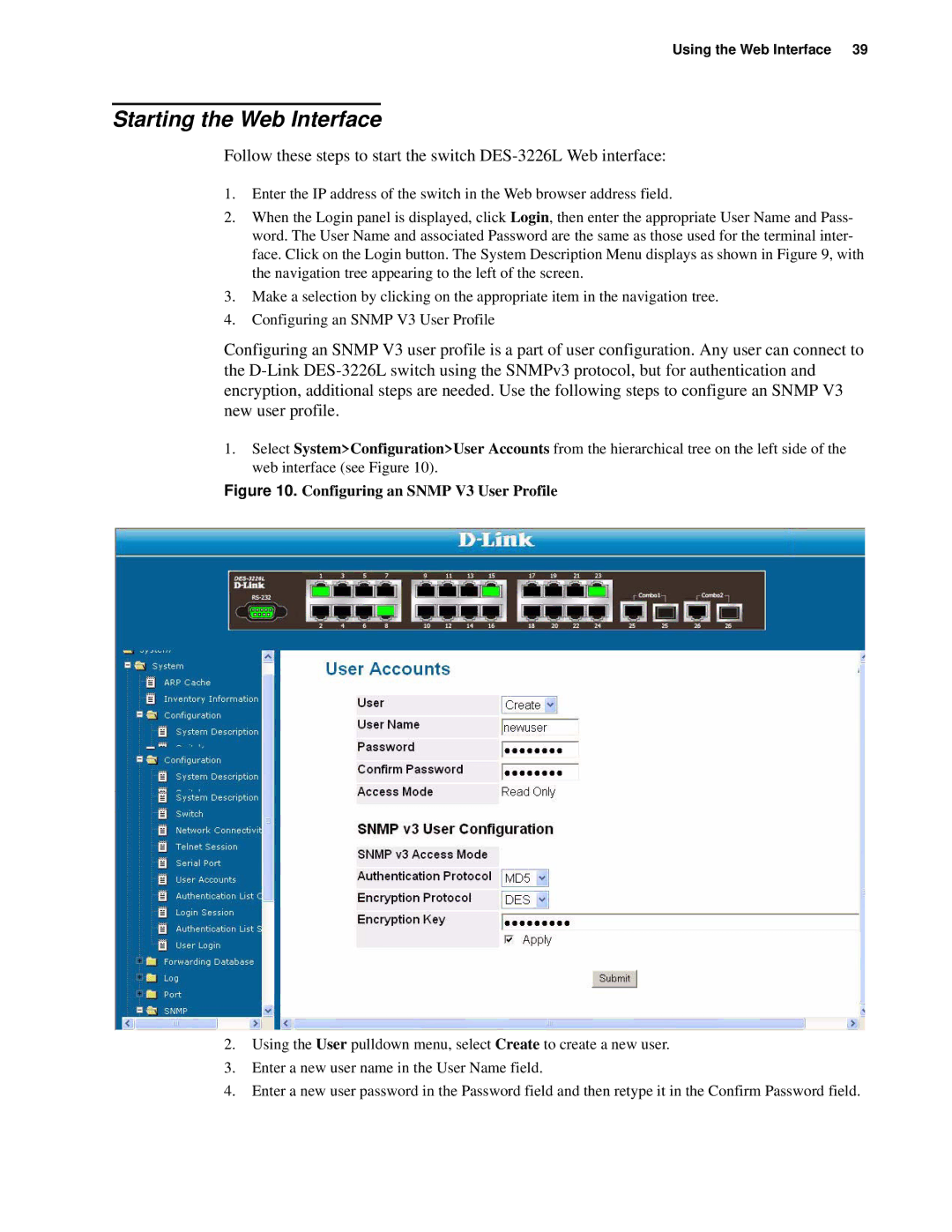 D-Link d-link manual Starting the Web Interface, Configuring an Snmp V3 User Profile 