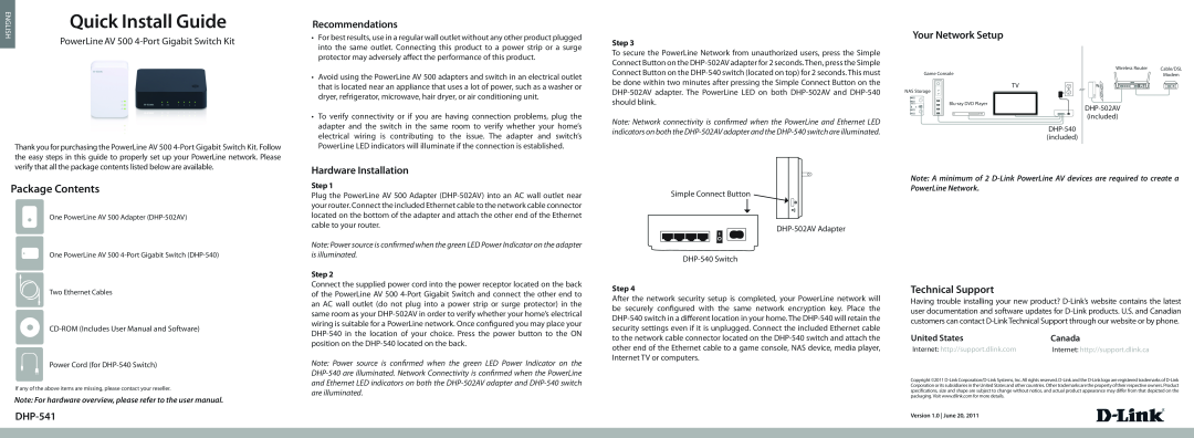 D-Link d-link user manual Quick Install Guide, Package Contents, Recommendations, Your Network Setup, Technical Support 