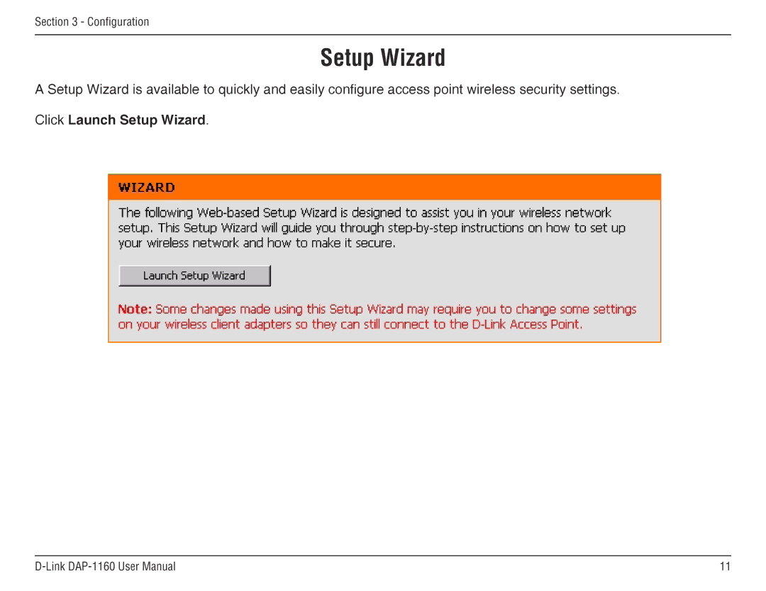 D-Link DAP-1160 manual Click Launch Setup Wizard 
