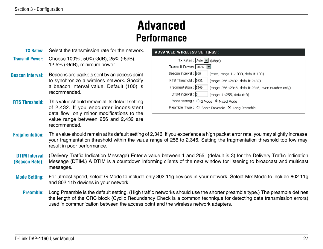 D-Link DAP-1160 manual Advanced, Performance, Mode Setting 
