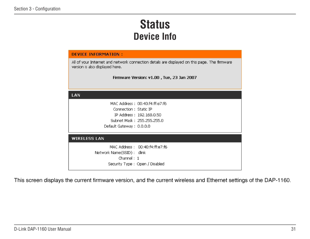 D-Link DAP-1160 manual Status, Device Info 