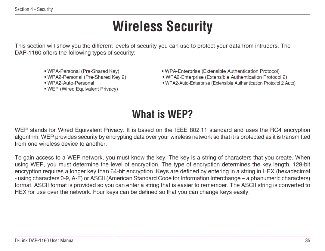 D-Link DAP-1160 manual Wireless Security, What is WEP? 