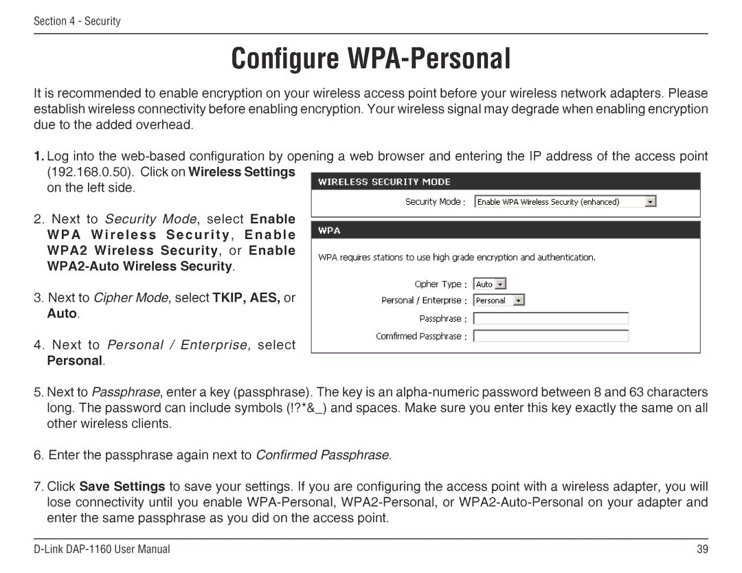 D-Link DAP-1160 manual Configure WPA-Personal, Auto Next to Personal / Enterprise, select Personal 