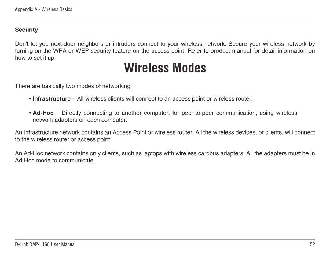 D-Link DAP-1160 manual Wireless Modes, Security 