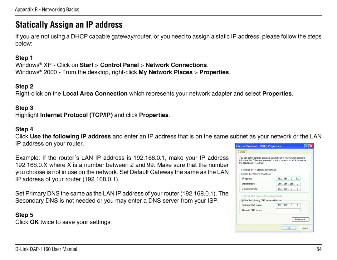 D-Link DAP-1160 manual Statically Assign an IP address, Step 