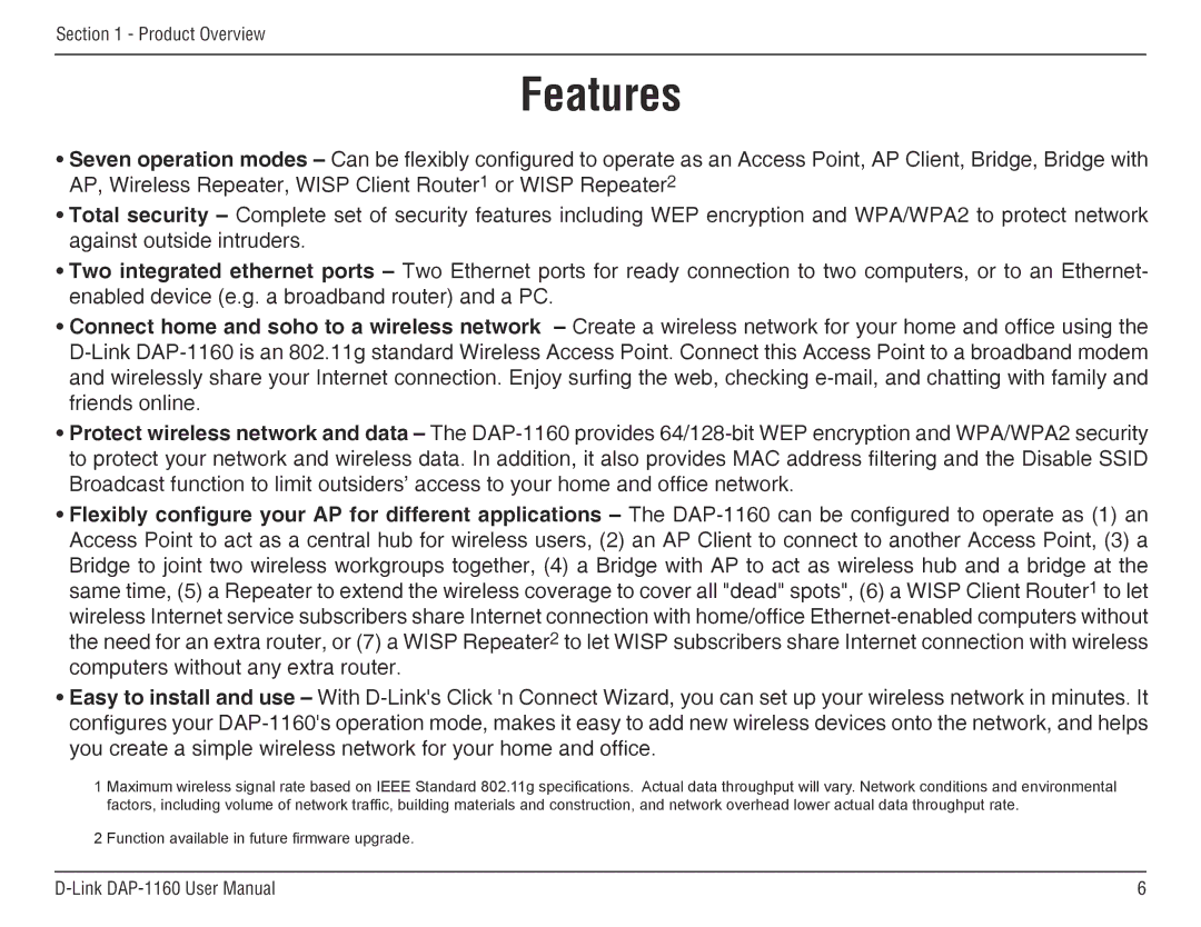 D-Link DAP-1160 manual Features 