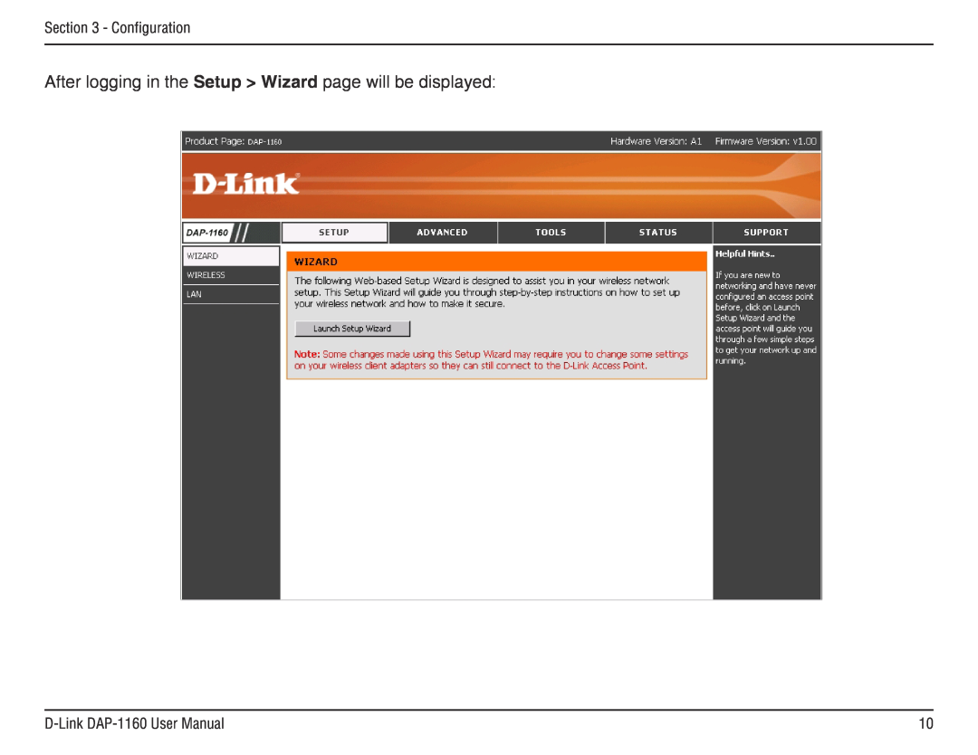 D-Link manual After logging in the Setup Wizard page will be displayed, Configuration, D-Link DAP-1160 User Manual 