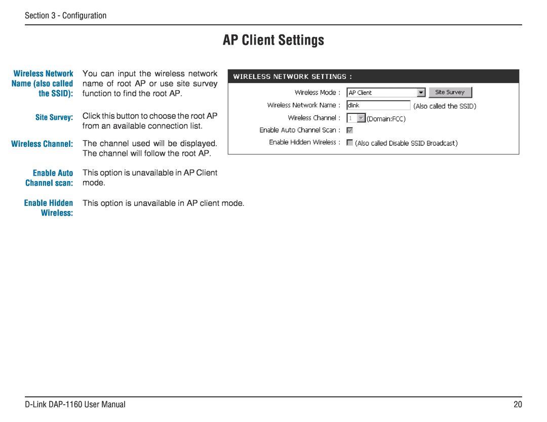D-Link DAP-1160 manual AP Client Settings, Channel scan mode, Wireless 