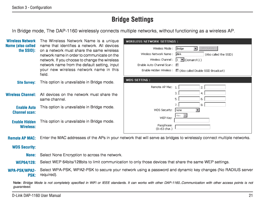 D-Link DAP-1160 manual Bridge Settings, WDS Security None WEP64/128 