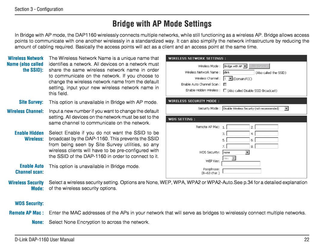 D-Link DAP-1160 manual Bridge with AP Mode Settings, Channel scan, WDS Security 