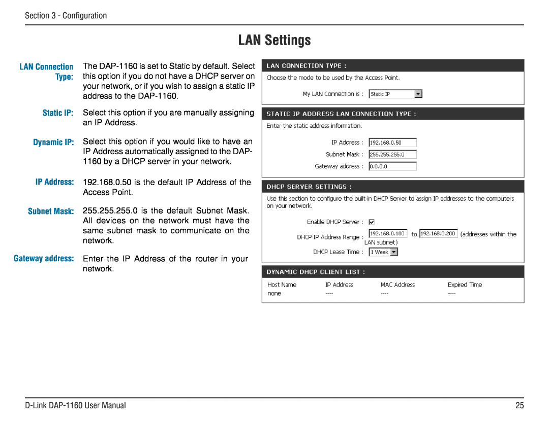 D-Link DAP-1160 manual LAN Settings, Type, Static IP, Dynamic IP, IP Address Subnet Mask 