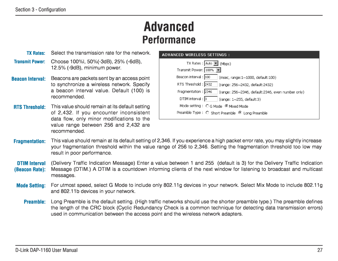 D-Link DAP-1160 manual Advanced, Performance, Mode Setting 