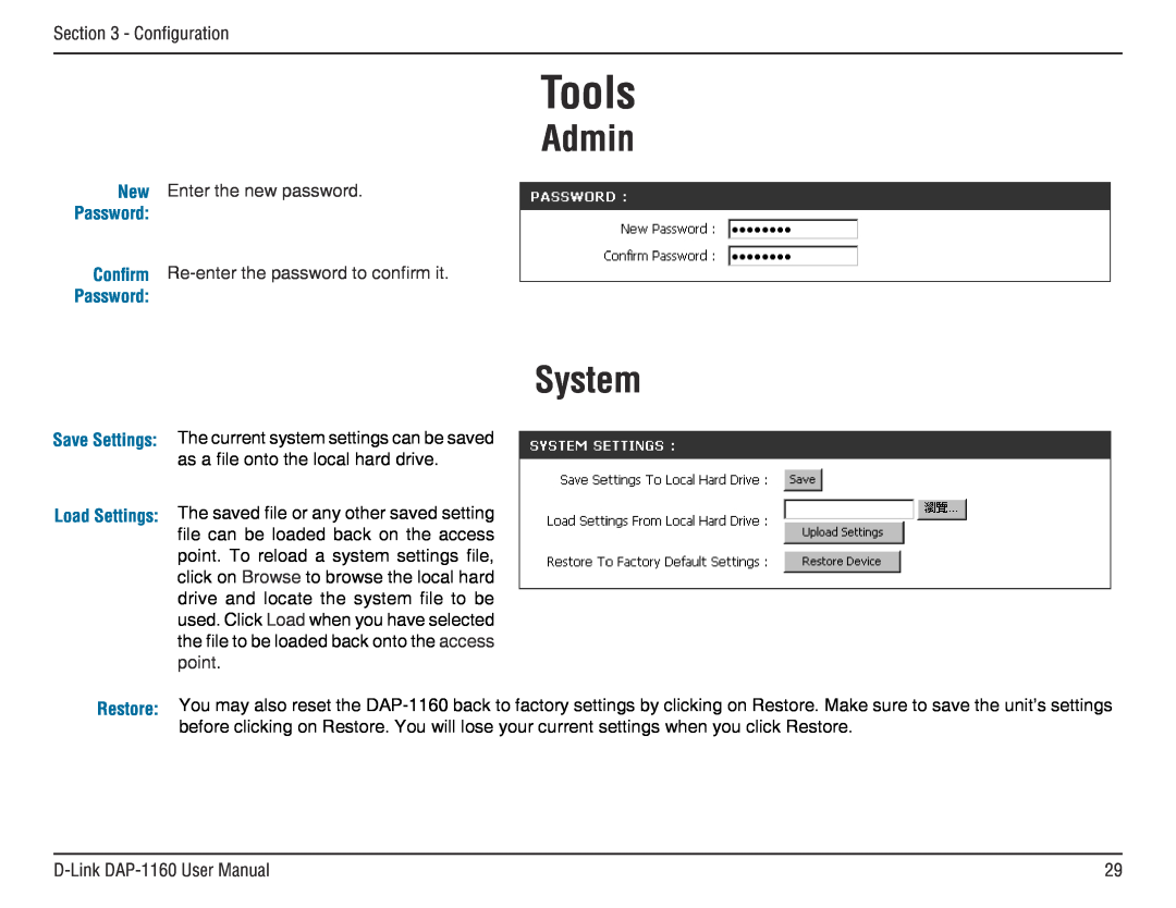 D-Link DAP-1160 manual Tools, Admin, System, Confirm, Save Settings 