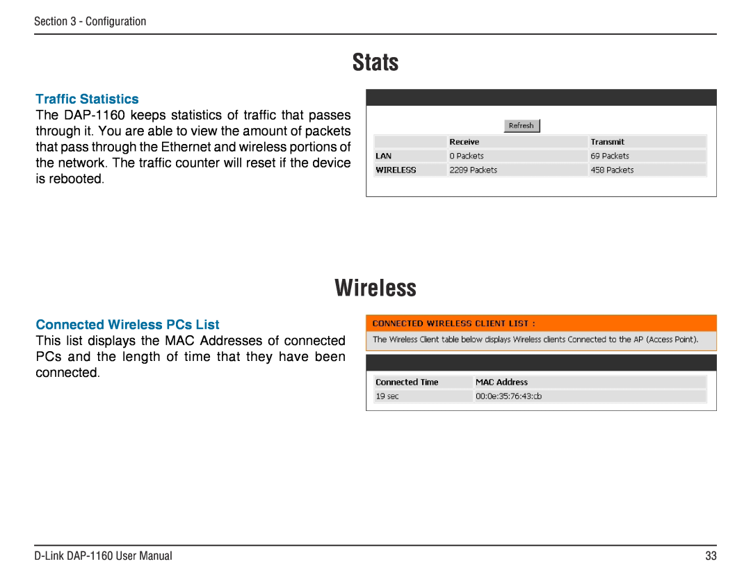 D-Link DAP-1160 manual Stats, Traffic Statistics, Connected Wireless PCs List 