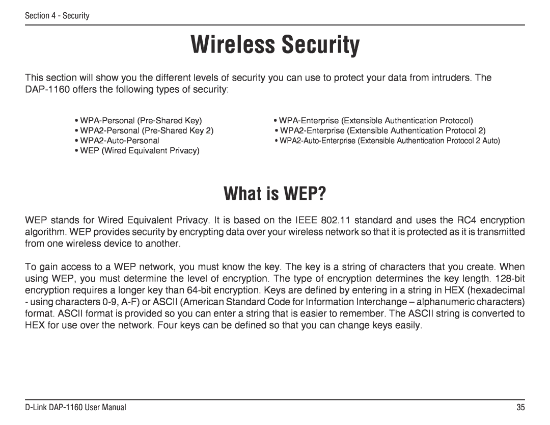 D-Link DAP-1160 manual Wireless Security, What is WEP? 
