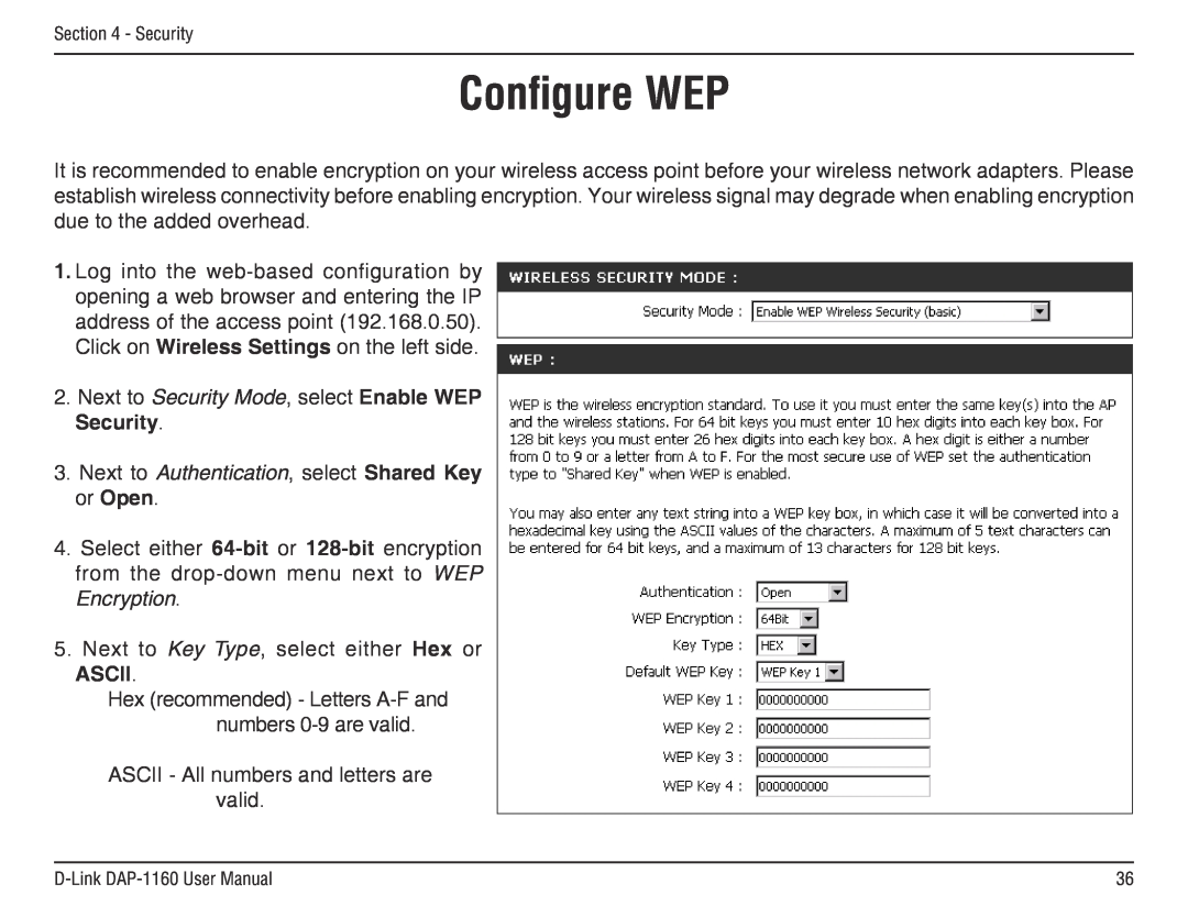 D-Link DAP-1160 manual Configure WEP, Ascii 