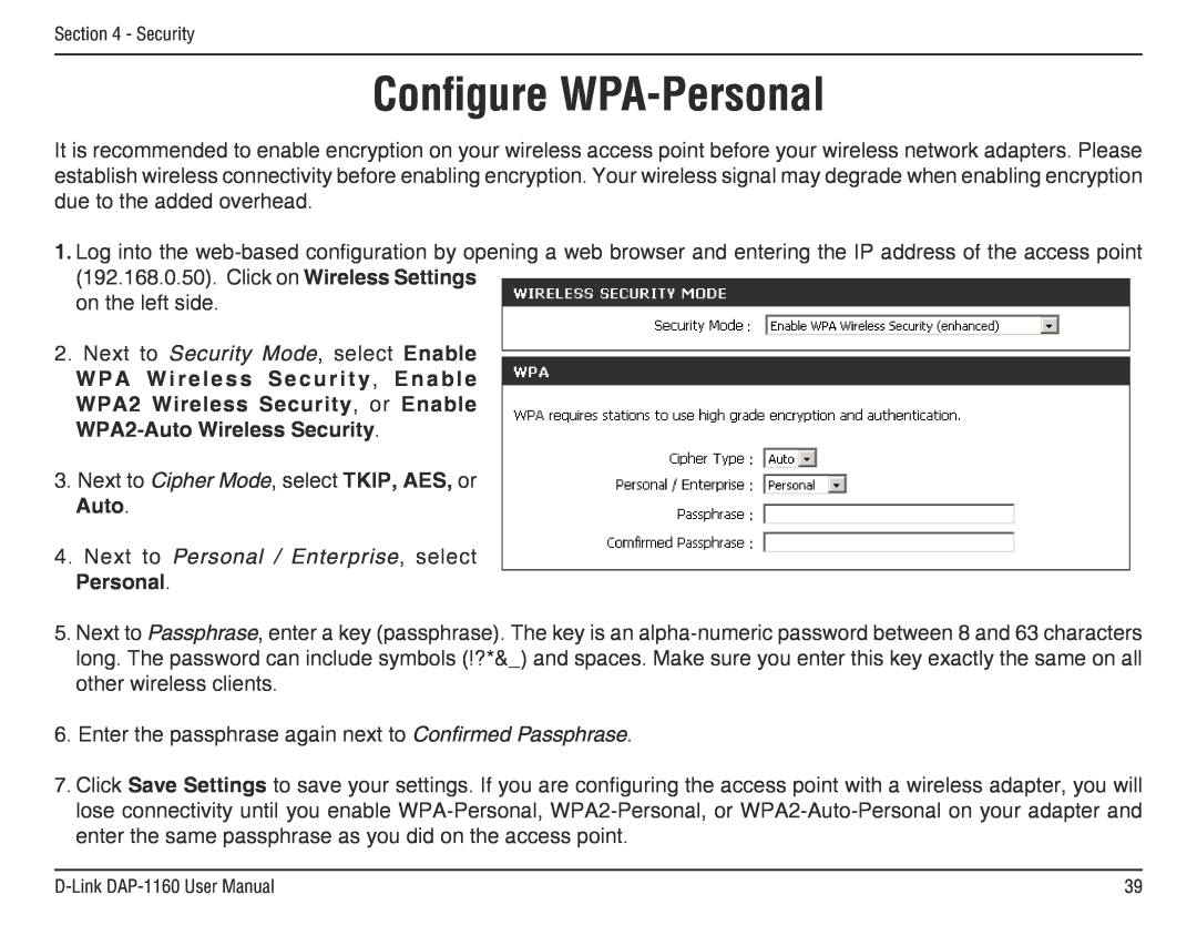 D-Link DAP-1160 manual Configure WPA-Personal, WPA Wireless Security , Enable WPA2 Wireless Security, or Enable, Auto 