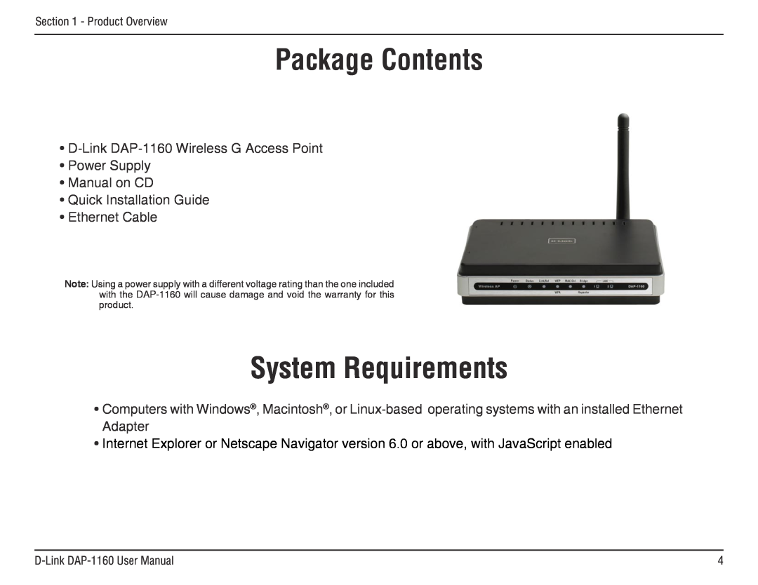 D-Link DAP-1160 manual System Requirements, ProductPackageOverviewContents 