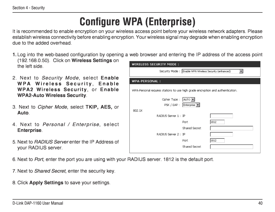D-Link DAP-1160 manual Configure WPA Enterprise, W P A W i r e l e s s S e c u r i t y , E n a b l e, Auto 