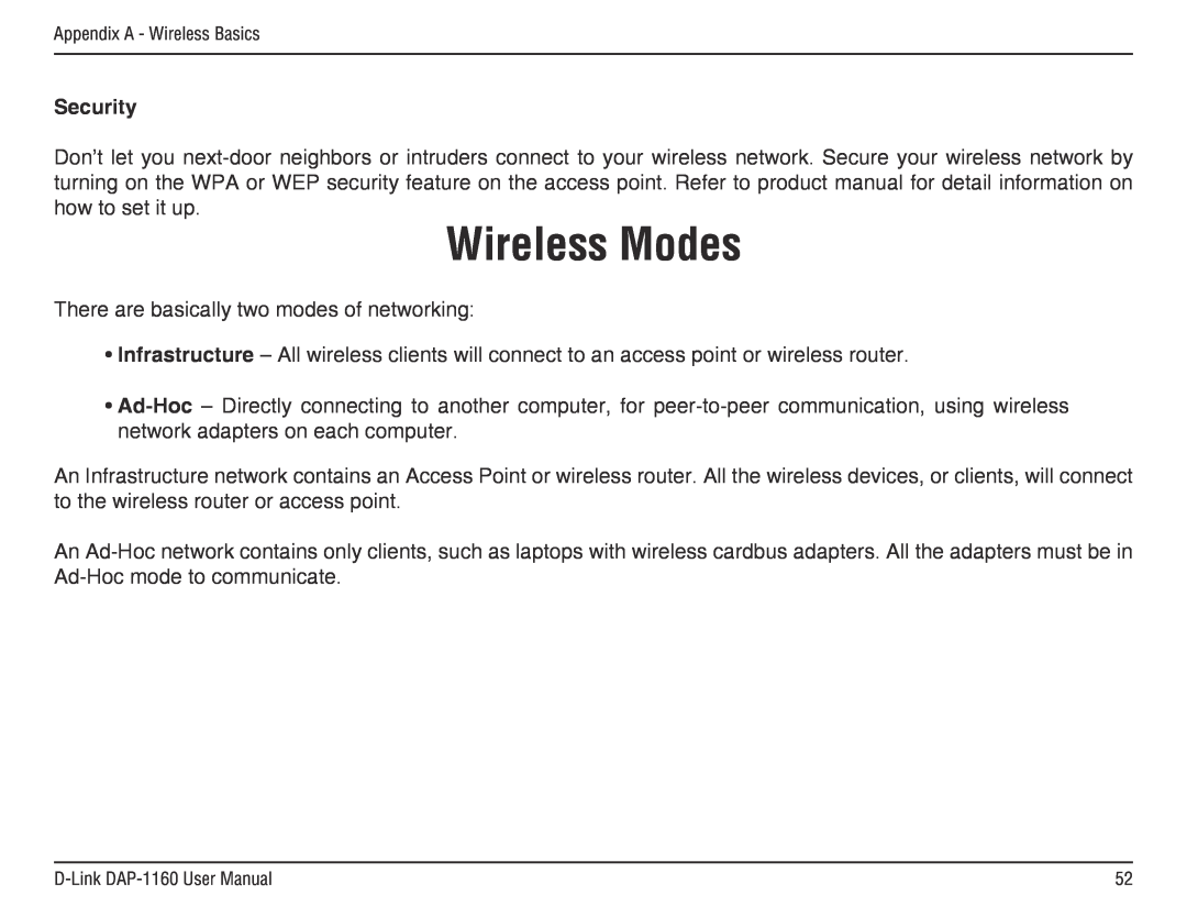 D-Link DAP-1160 manual Wireless Modes, Security 