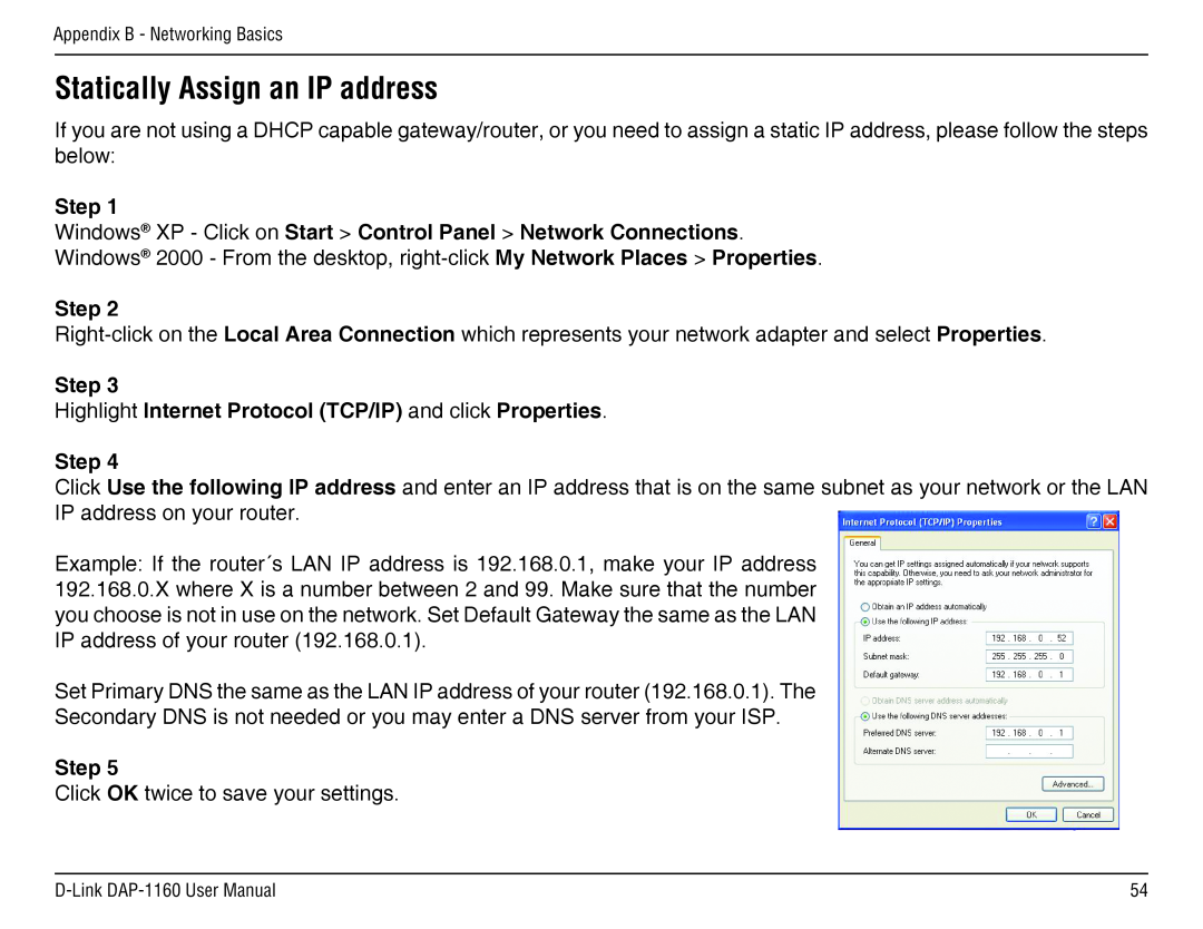 D-Link DAP-1160 manual Statically Assign an IP address, Step Windows XP - Click on Start Control Panel Network Connections 