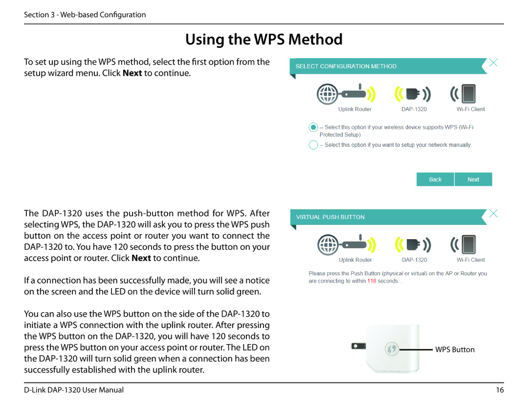 D-Link dap-1320 user manual Using the WPS Method 