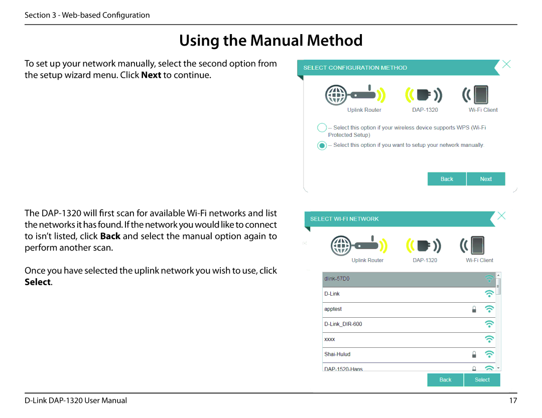 D-Link dap-1320 user manual Using the Manual Method, Select 