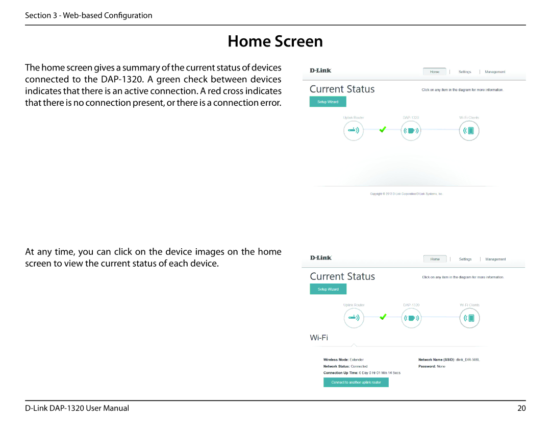 D-Link dap-1320 user manual Home Screen 