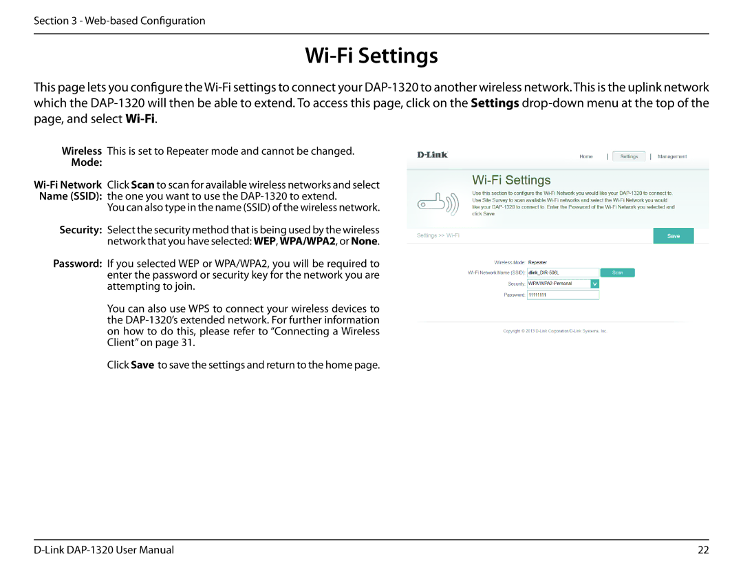 D-Link dap-1320 user manual Wi-Fi Settings, Mode 