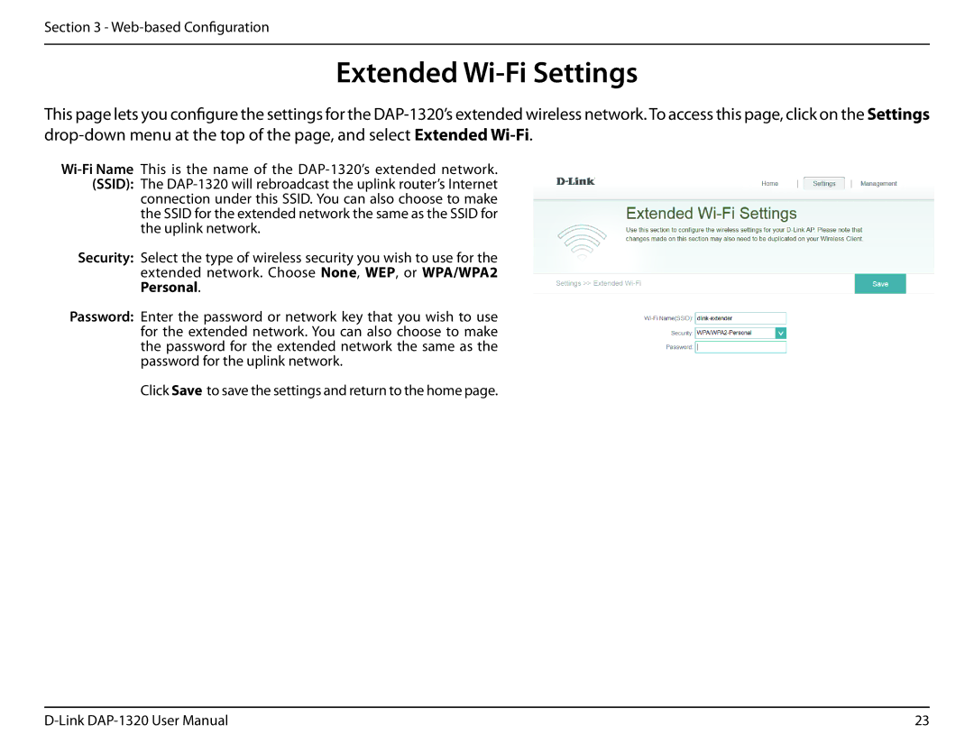 D-Link dap-1320 user manual Extended Wi-Fi Settings 