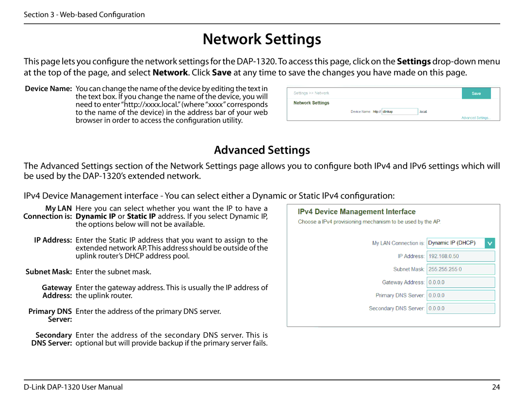 D-Link dap-1320 user manual Network Settings, Server 