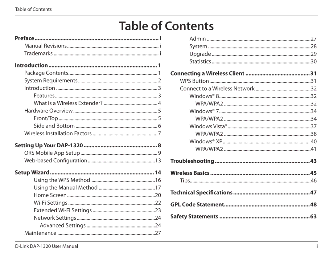 D-Link dap-1320 user manual Table of Contents 